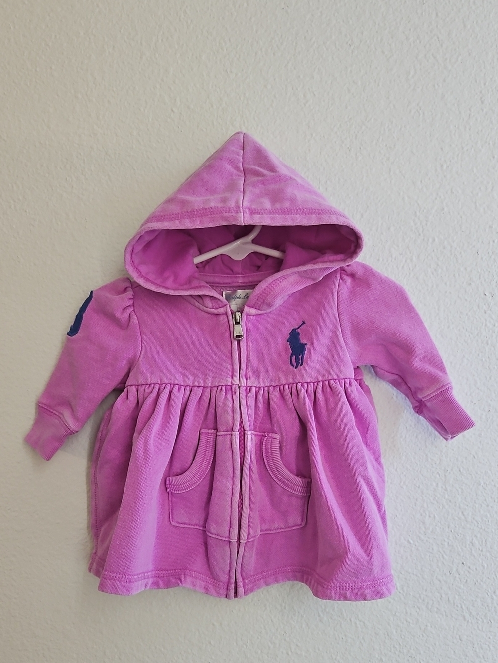 Ralph Lauren Baby Lavender Pink Hooded Zip Sweater with Navy Pony 3 Months